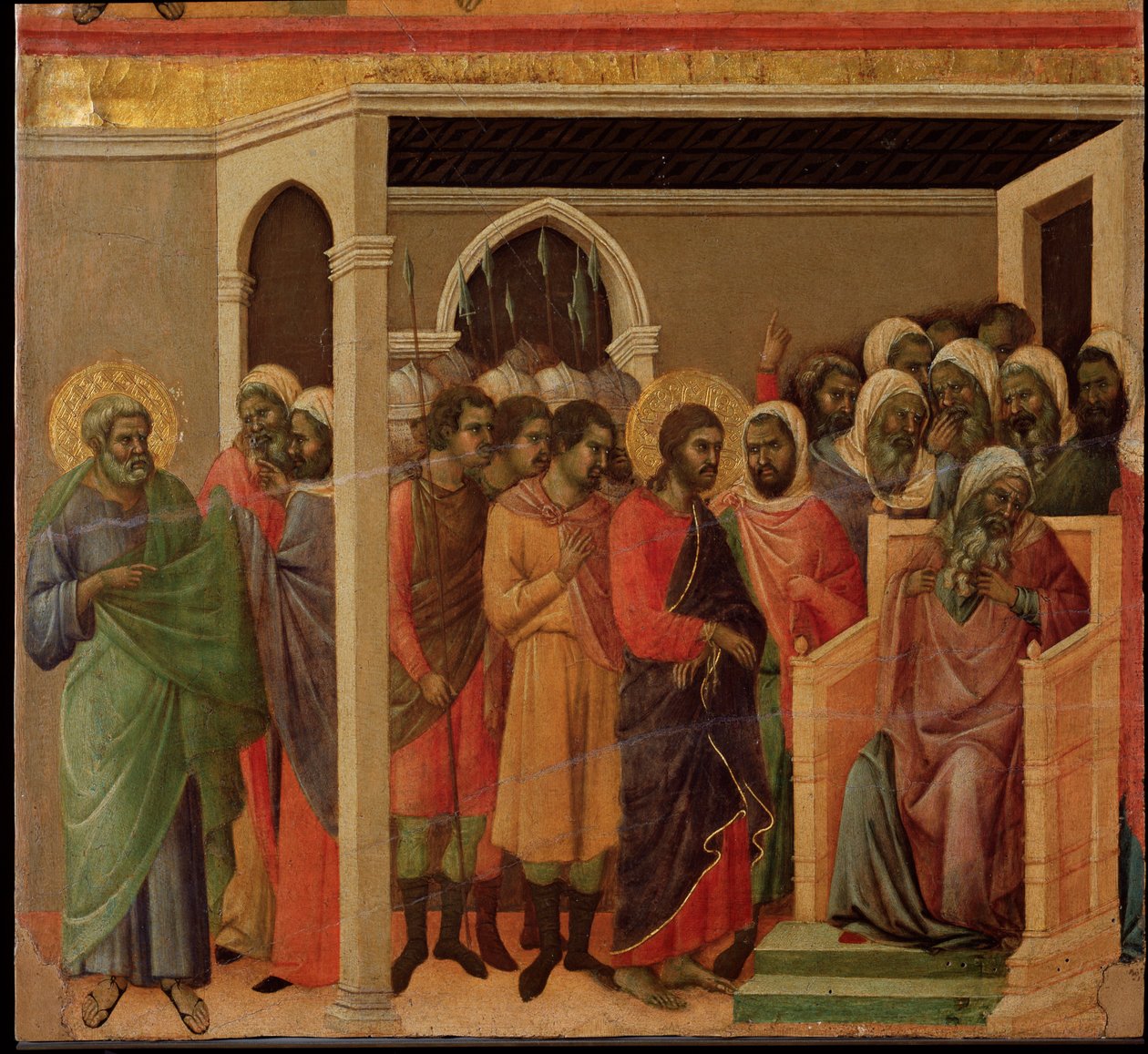 Jezus przed Kajfaszem. Ołtarz Maesta (tempera i złoto na drewnie) autorstwa Duccio di Buoninsegna