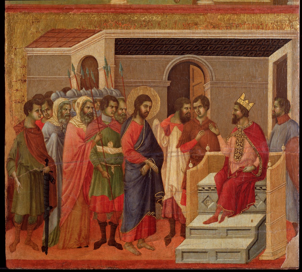 Jezus przed Herodem. Ołtarz Maesta (tempera i złoto na drewnie) autorstwa Duccio di Buoninsegna