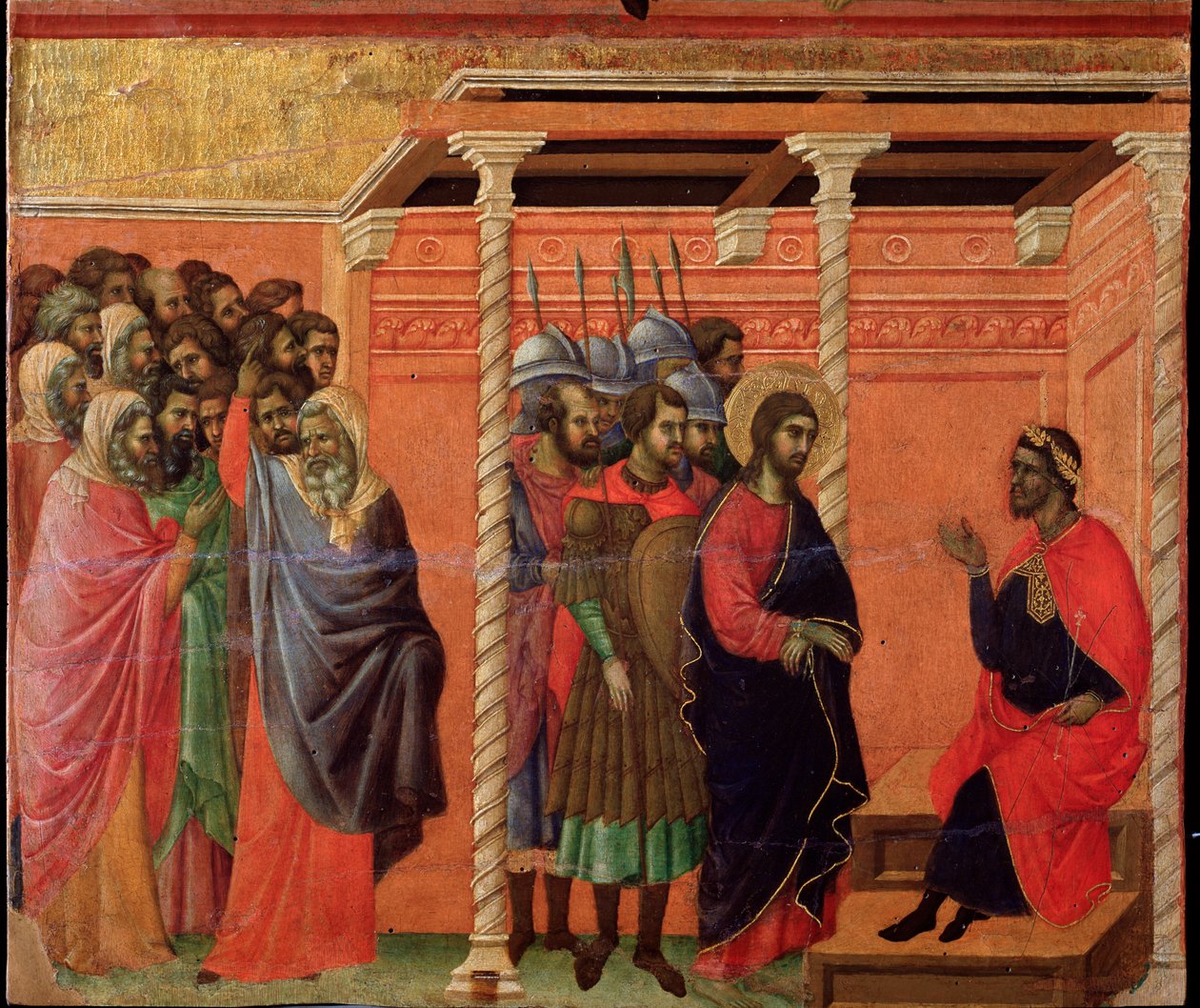 Jezus przed Poncjuszem Piłatem. Ołtarz Maesta (tempera i złoto na drewnie) autorstwa Duccio di Buoninsegna