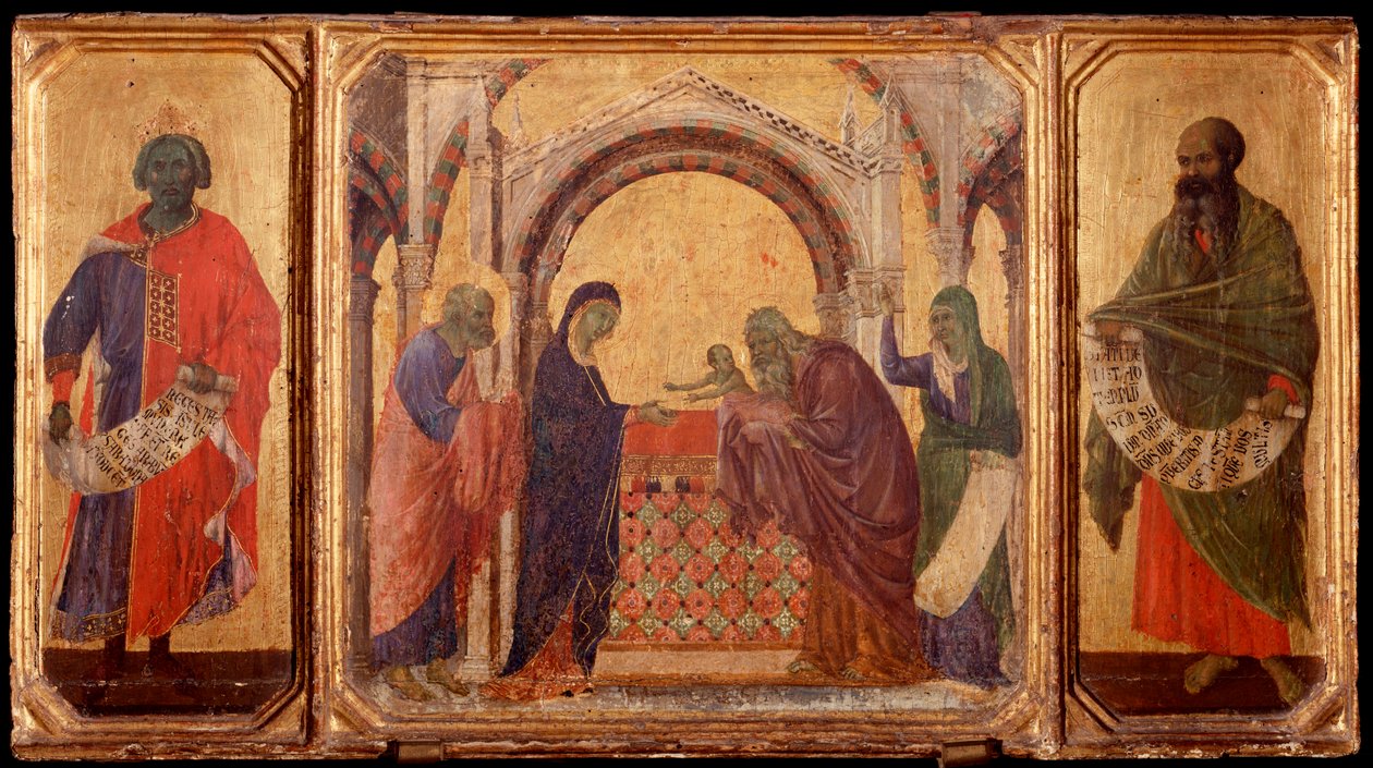Życie Chrystusa: Król Salomon, prezentacja w świątyni, Malachiasz. Predella z La Maesta (tempera na drewnie) autorstwa Duccio di Buoninsegna