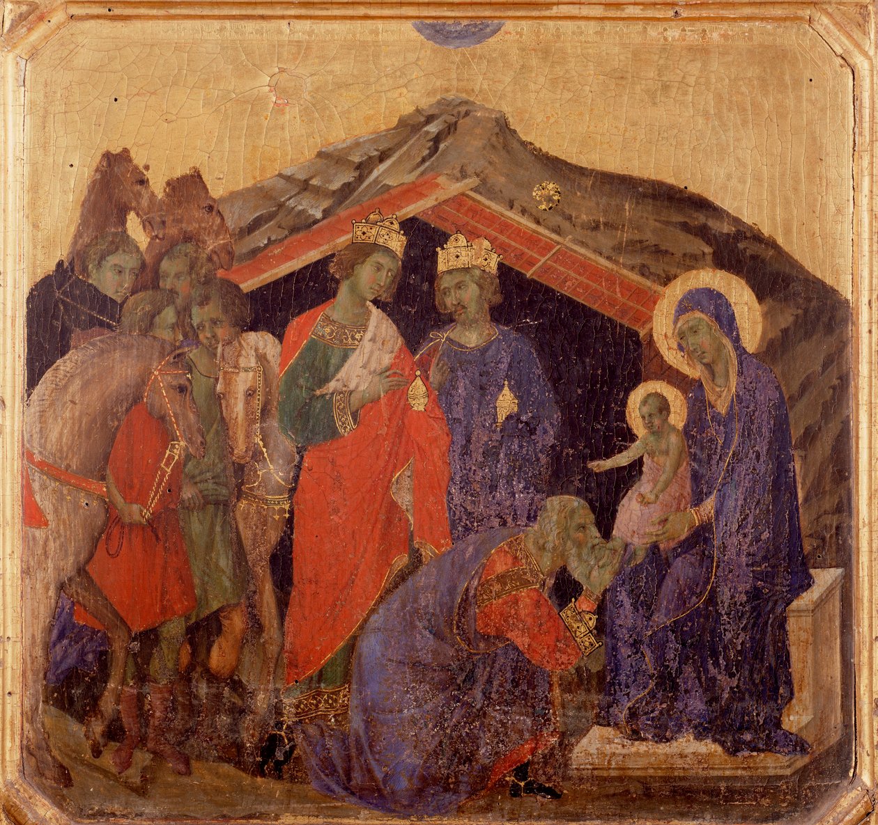 Życie Chrystusa, adoracja Trzech Króli. Predella z La Maesta (tempera na drewnie) autorstwa Duccio di Buoninsegna
