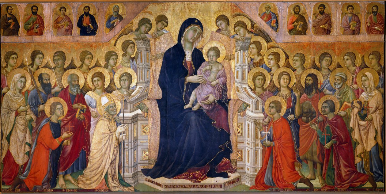 Maesta Madonna ma dziecko na tronie czczonym przez świętych i aniołów. Panel centralny. Fresk Duccio di Buoninsegna (1255-1319) autorstwa Duccio di Buoninsegna