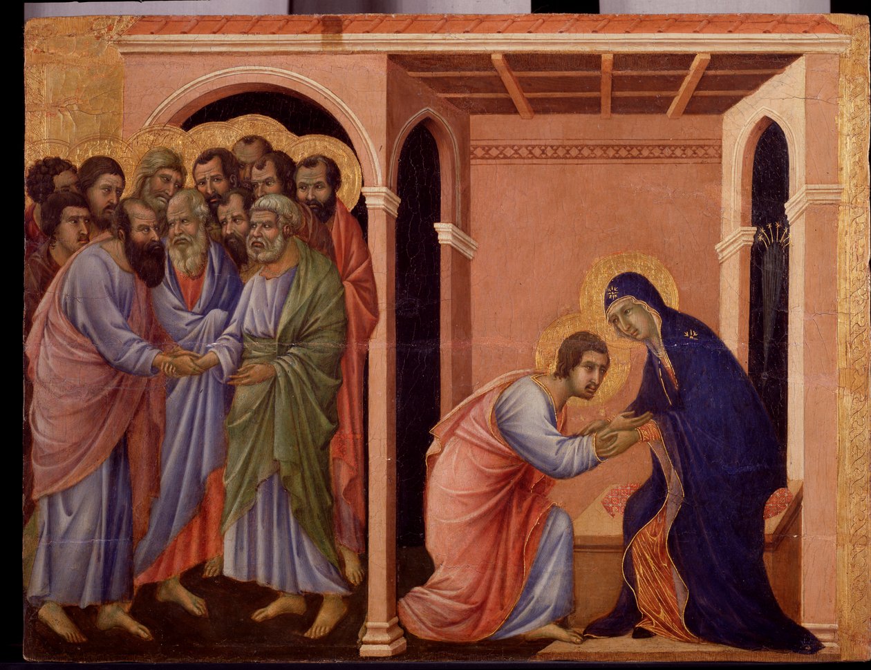 Maryja żegna się z Janem, na zewnątrz podają sobie ręce apostołowie Piotr i Paweł. Detal Maesty (tempera i złoto na drewnie) autorstwa Duccio di Buoninsegna