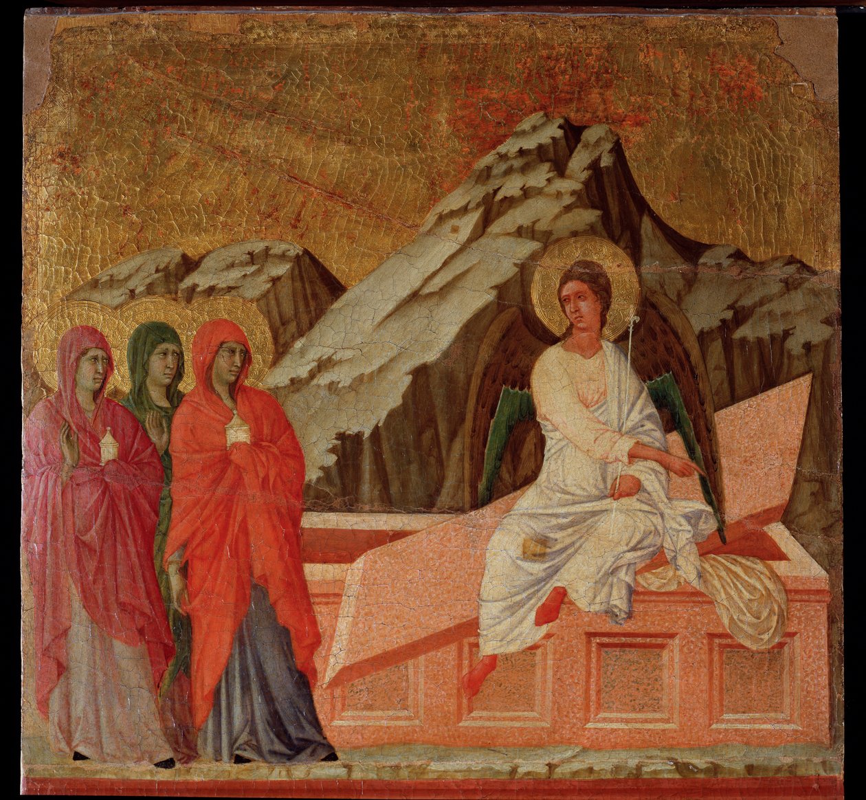 Pasja: Marie przy Grobie. Ołtarz Maesta (tempera i złoto na drewnie) autorstwa Duccio di Buoninsegna