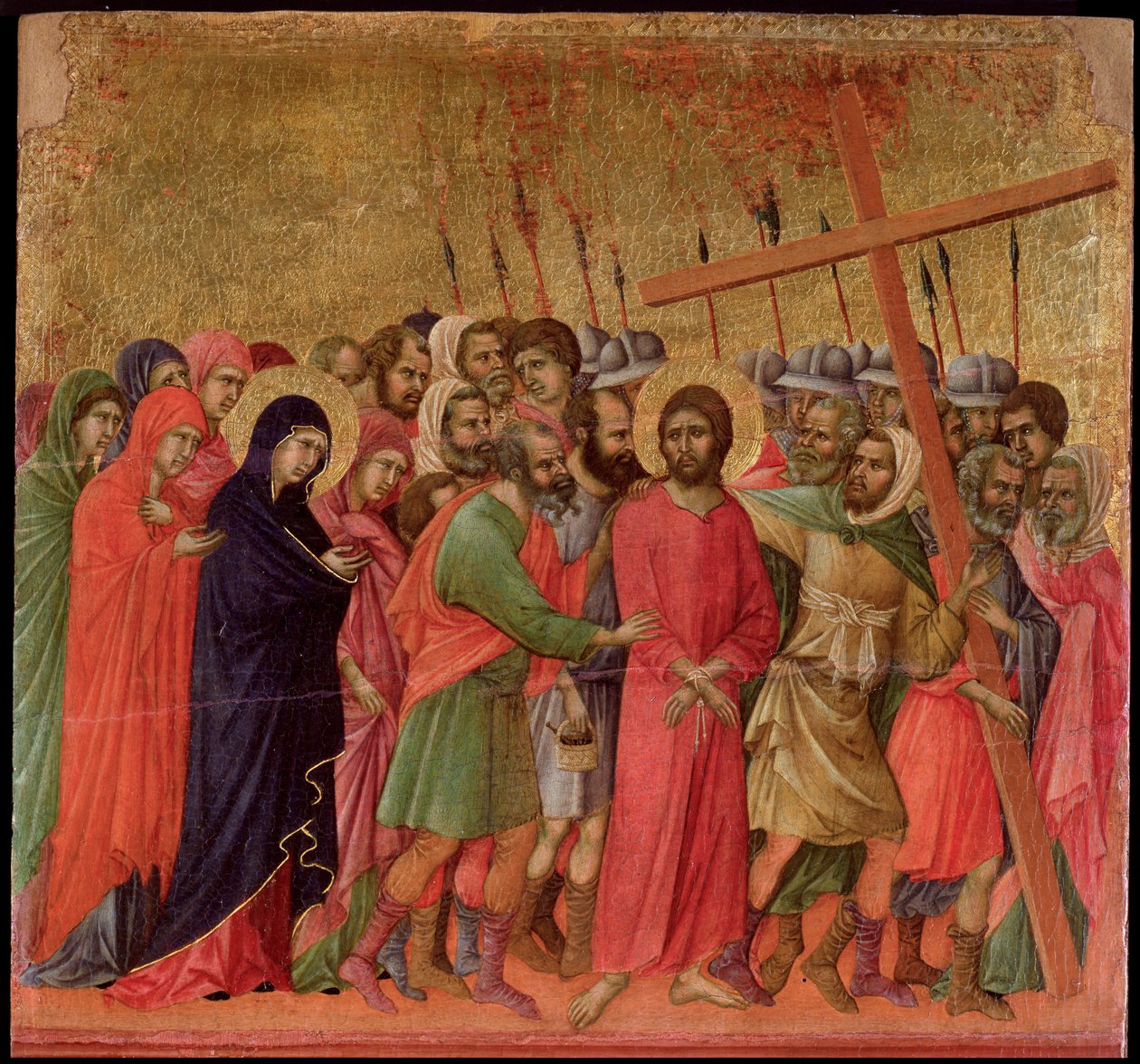 Pasja: wejście na Kalwarię. Ołtarz Maesta (tempera i złoto na drewnie) autorstwa Duccio di Buoninsegna