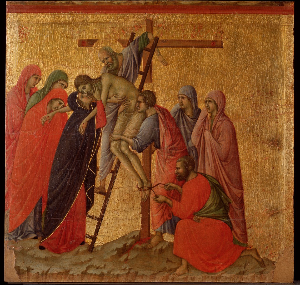 Pasja: osadzanie. Ołtarz Maesta (tempera i złoto na drewnie) autorstwa Duccio di Buoninsegna