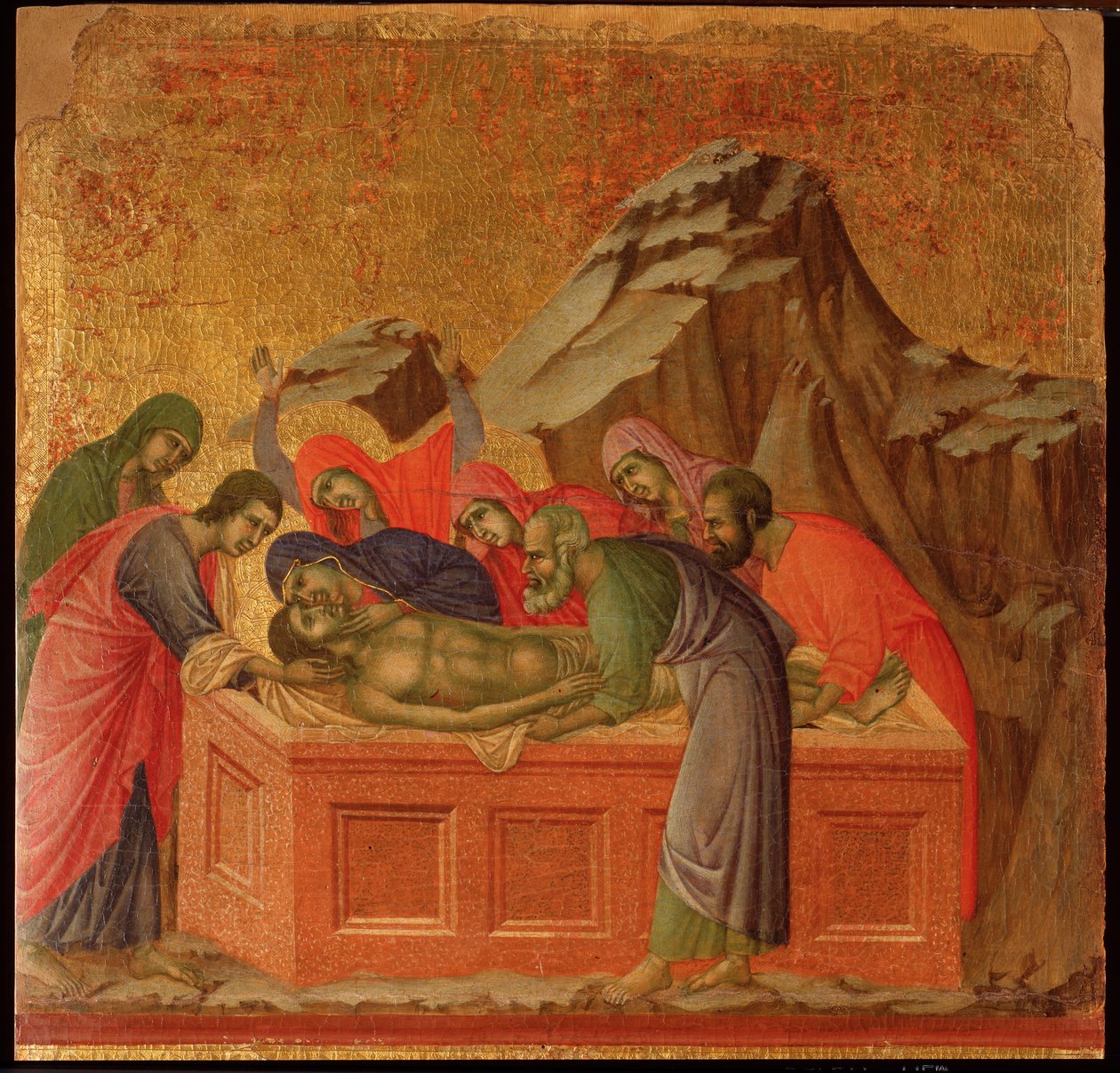 Pasja: złożenie do grobu. Ołtarz Maesta (tempera i złoto na drewnie) autorstwa Duccio di Buoninsegna