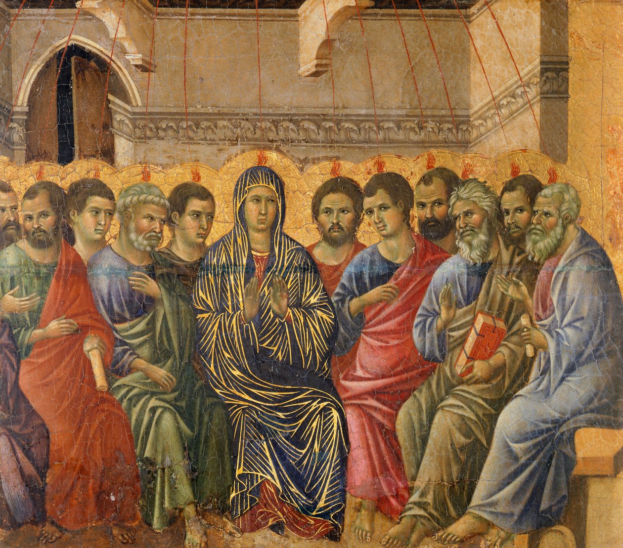 Pięćdziesiątnica, fragment Epizody z Męki i Zmartwychwstania Chrystusa, odwrócona powierzchnia Maesty Ołtarza Duccio w katedrze w Sienie autorstwa Duccio di Buoninsegna