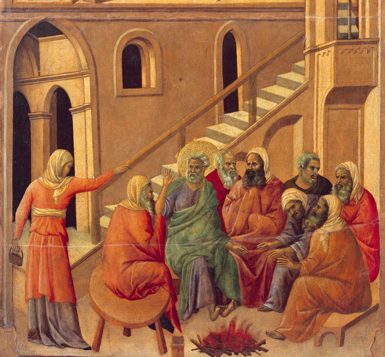Zaparcie się Chrystusa przez Piotra, fragment kafelka z Epizody z Męki i Zmartwychwstania Chrystusa, odwrócona powierzchnia ołtarza Maesty Duccio w katedrze w Sienie autorstwa Duccio di Buoninsegna