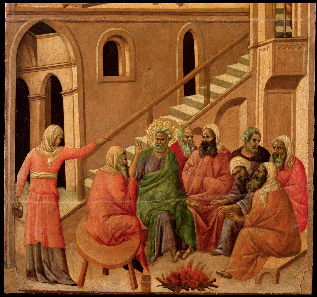 Zaprzeczenie Piotra. Ołtarz Maesta (tempera i złoto na drewnie) autorstwa Duccio di Buoninsegna