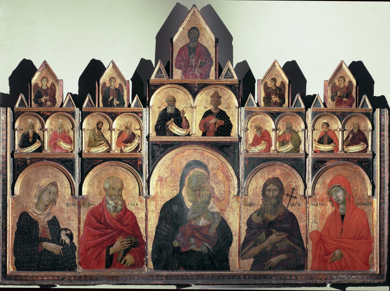Poliptyk nr 47 - św Agnieszki, św Jan, dziewica z Dzieciątkiem, św Jan Chrzciciel i św Maria Magdalena - tempera na desce autorstwa Duccio di Buoninsegna