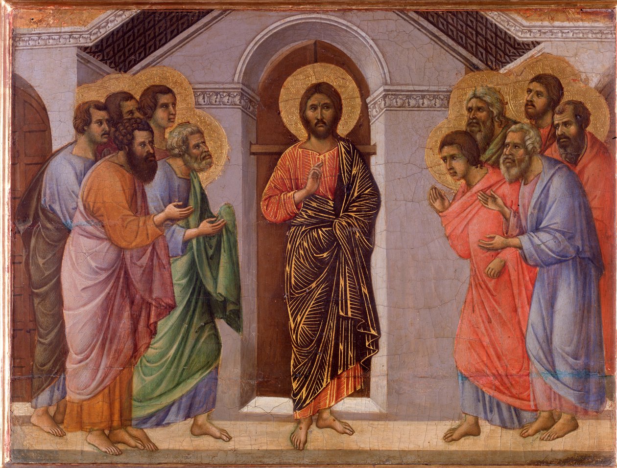Zmartwychwstały Jezus ukazuje się apostołom. Ołtarz Maesta (tempera i złoto na drewnie) autorstwa Duccio di Buoninsegna