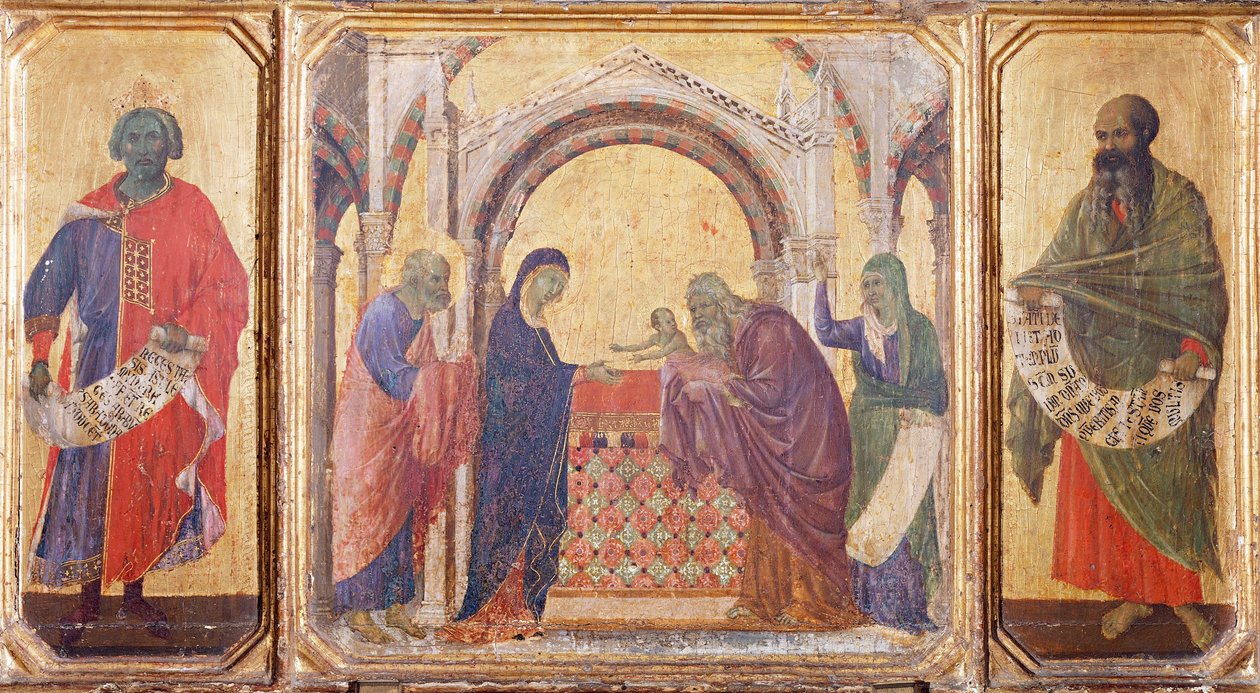 Salomon, prezentacja w Świątyni i Prorok Malachiasz, fragment z predelli ołtarza Maesty Duccio w katedrze w Sienie autorstwa Duccio di Buoninsegna