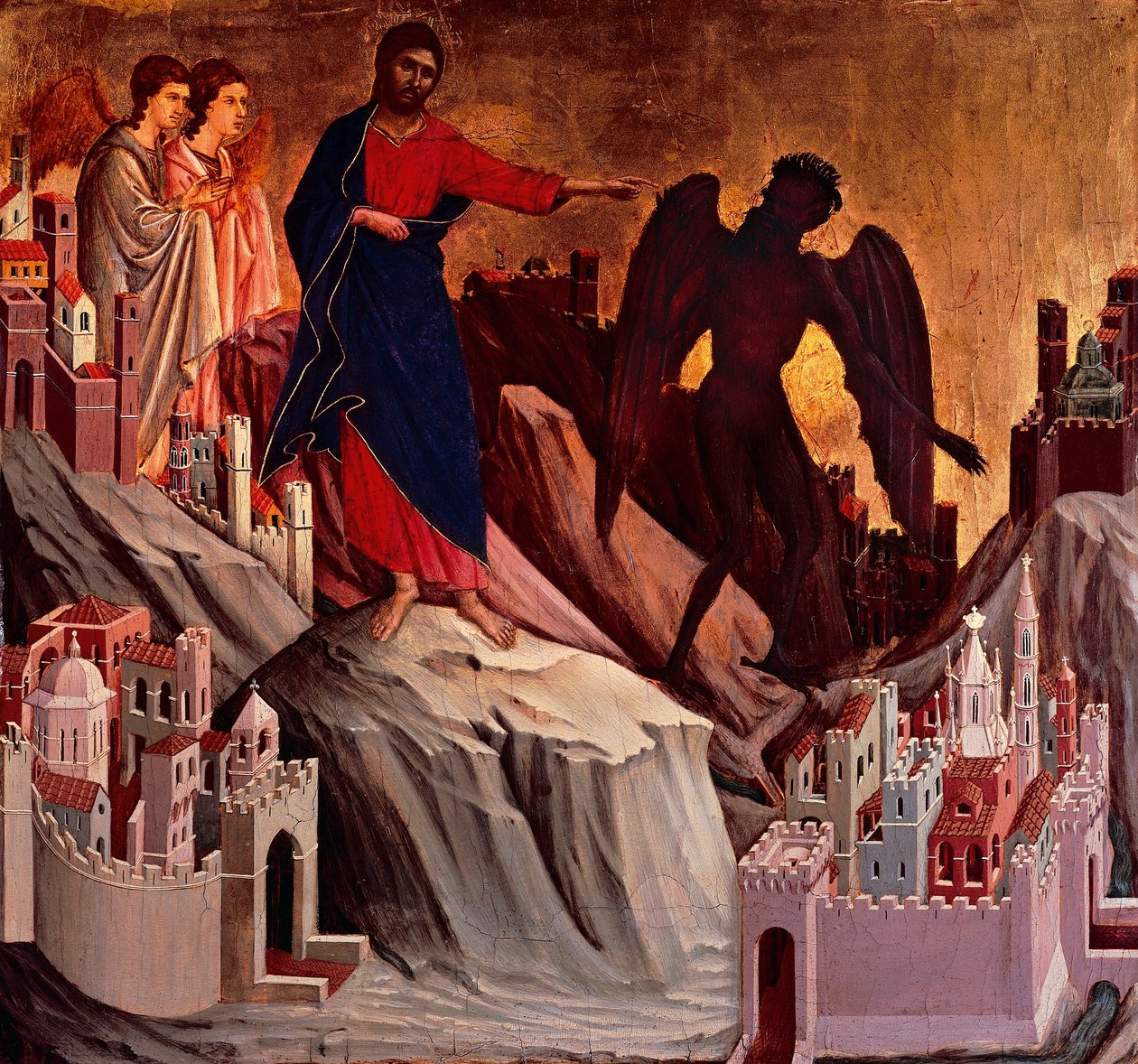 Kuszenie na Górze, fragment Epizody z Męki i Zmartwychwstania Chrystusa, odwrócona powierzchnia Maesty ołtarza Duccio w katedrze w Sienie, dzieło Duccio di Buoninsegna (ok. 1255 - pre-1319), tempera na desce autorstwa Duccio di Buoninsegna