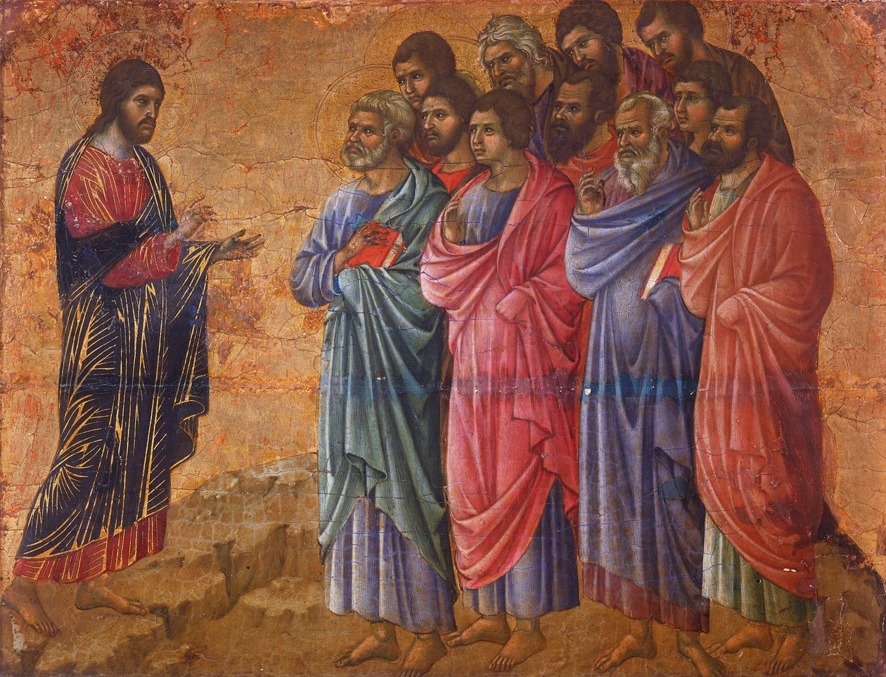 Pojawienie się Chrystusa na górze w Galilei, fragment z Epizody z Męki i Zmartwychwstania Chrystusa, odwrócona powierzchnia Maesty ołtarza Duccio w katedrze w Sienie autorstwa Duccio di Buoninsegna (ok. 1255 - pre-1319), tempera na drewnie autorstwa Duccio di Buoninsegna