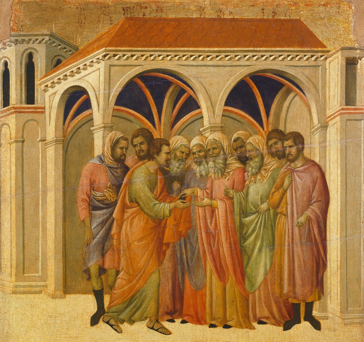 Zdrada Judasza, fragment kafelka z Epizody z Męki i Zmartwychwstania Chrystusa, odwrócona powierzchnia Maesty Ołtarza Duccio w katedrze w Sienie autorstwa Duccio di Buoninsegna