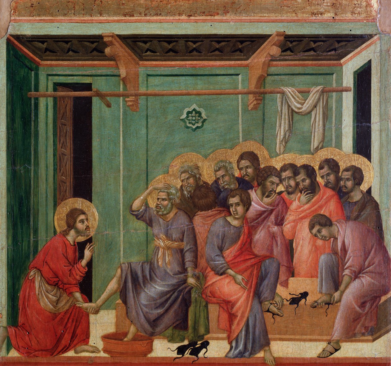 Mycie stóp. Detal Maesty (tempera na drewnie) autorstwa Duccio di Buoninsegna