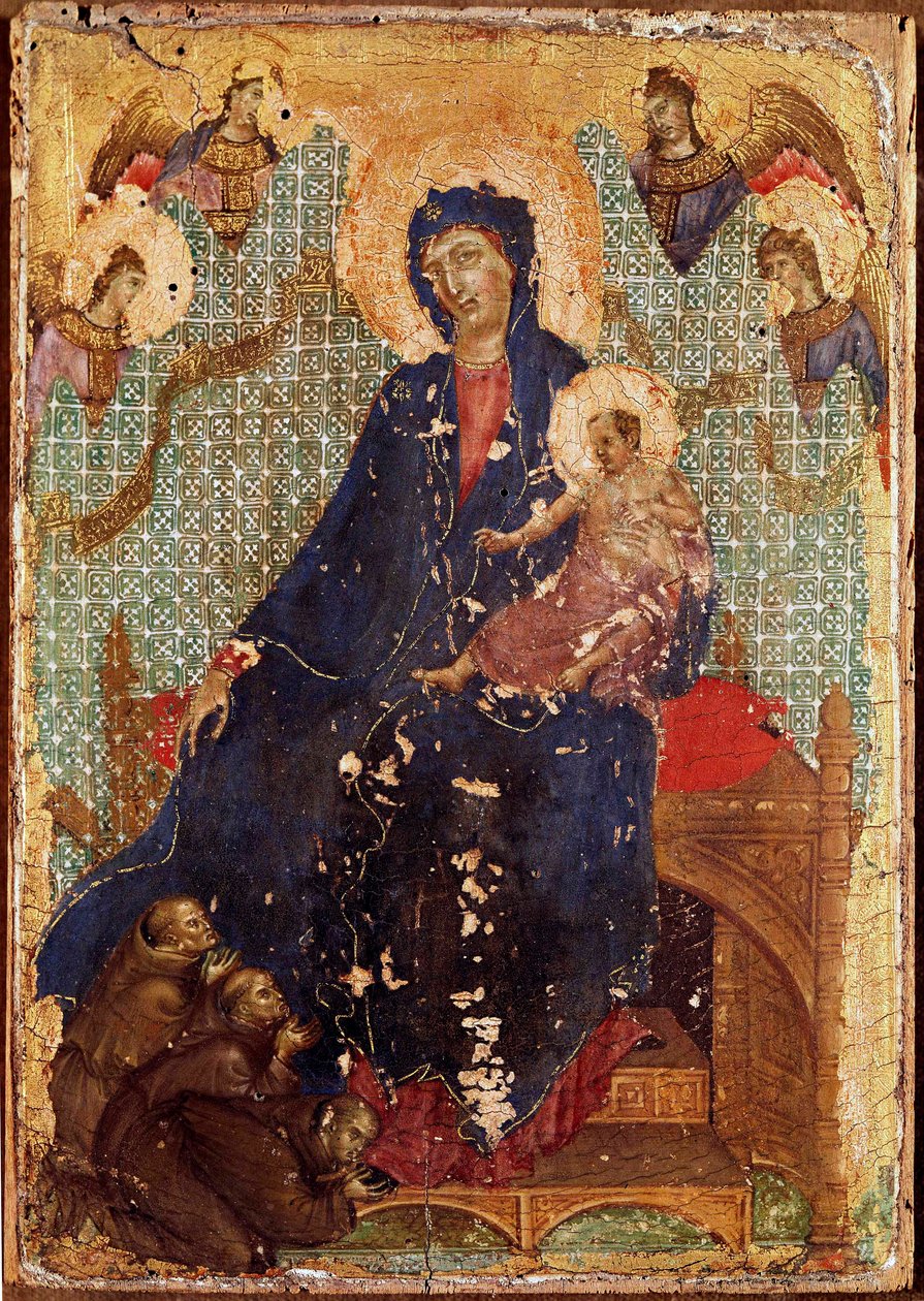Madonna franciszkanów lub „Madonna rodzi dziecko z mnichami franciszkańskimi i aniołami”” Detrempe na drewnie Duccio di Buoninsegna (1255-1318/9) 1300 wym. 23,5x16 cm Siena, Pinacoteca nazionale autorstwa Duccio di Buoninsegna