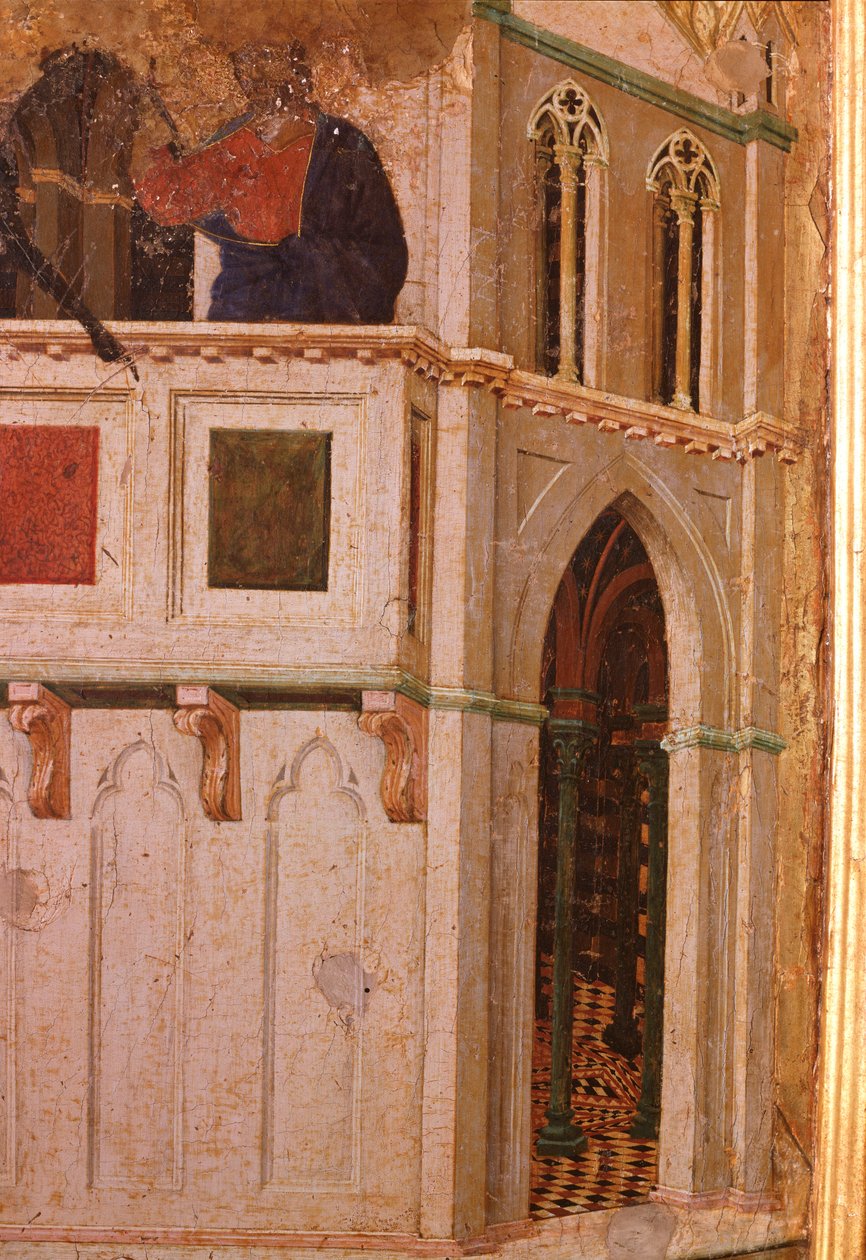Kuszenie w świątyni, szczegół. Ołtarz Maesta (tempera i złoto na drewnie) autorstwa Duccio di Buoninsegna