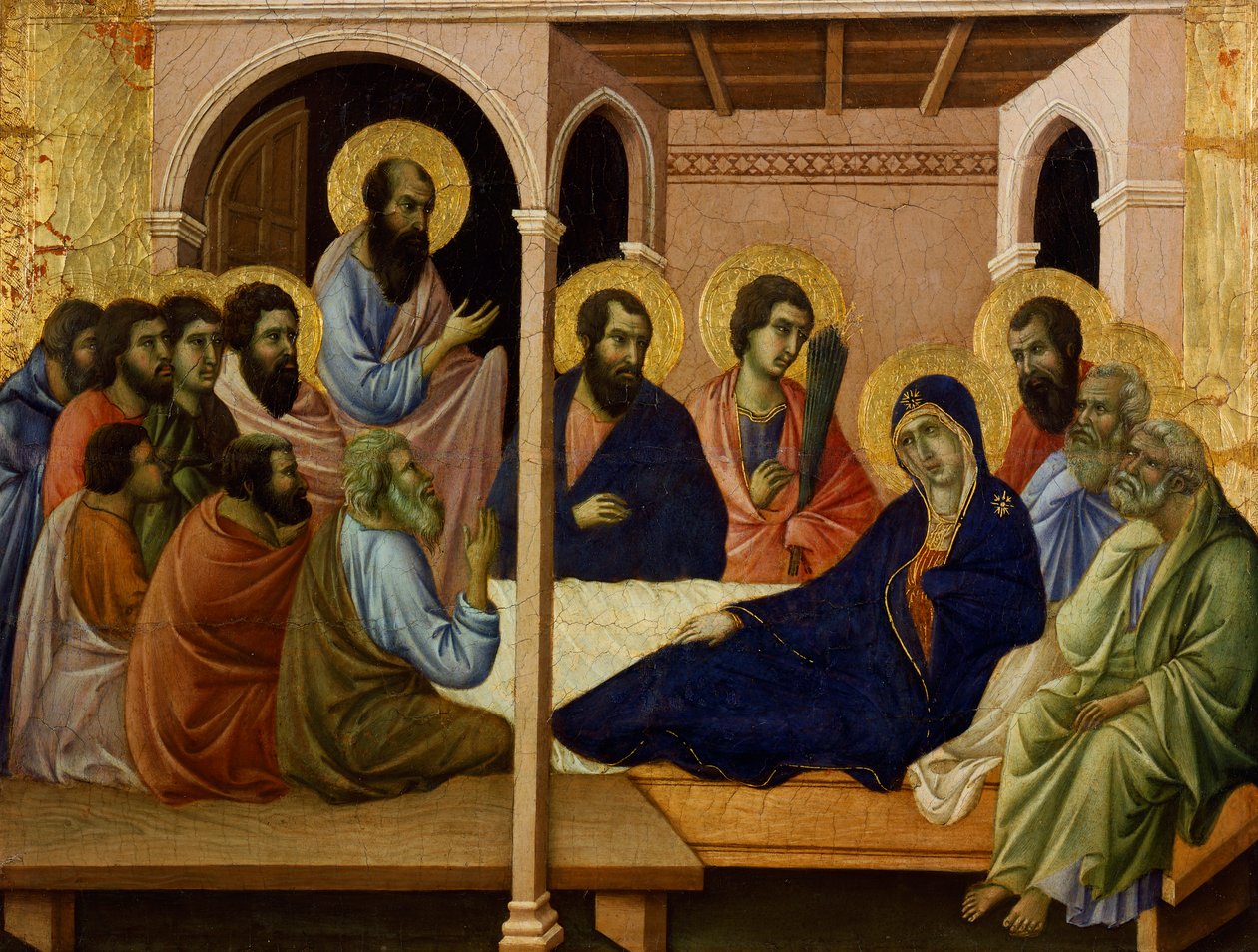 Dziewica żegnająca się z apostołami, fragment z ołtarza Maesty Duccio w katedrze w Sienie autorstwa Duccio di Buoninsegna