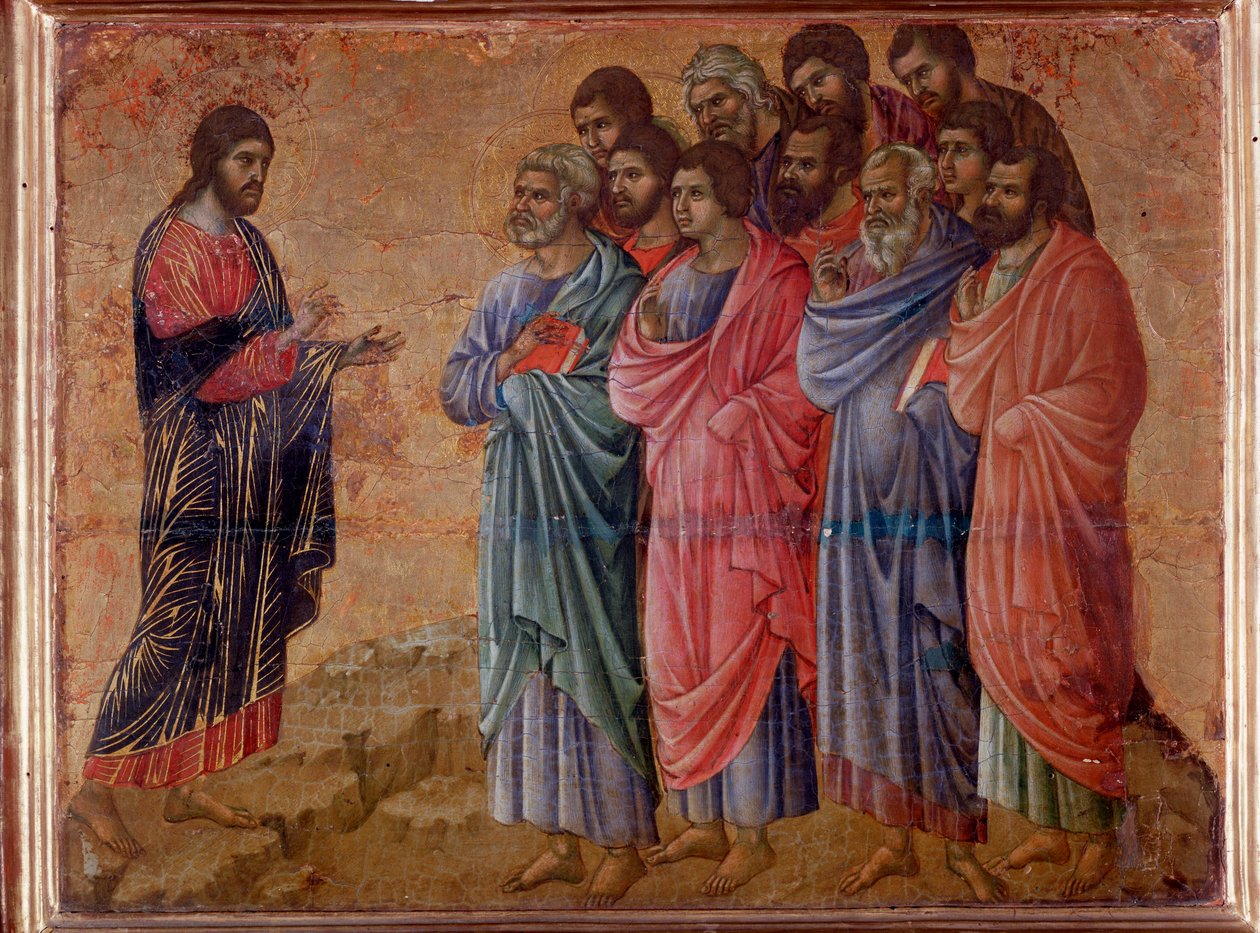 Pojawienie się zmartwychwstałego Chrystusa w górach Galilei. Ołtarz Maesta (tempera i złoto na drewnie) autorstwa Duccio di Buoninsegna