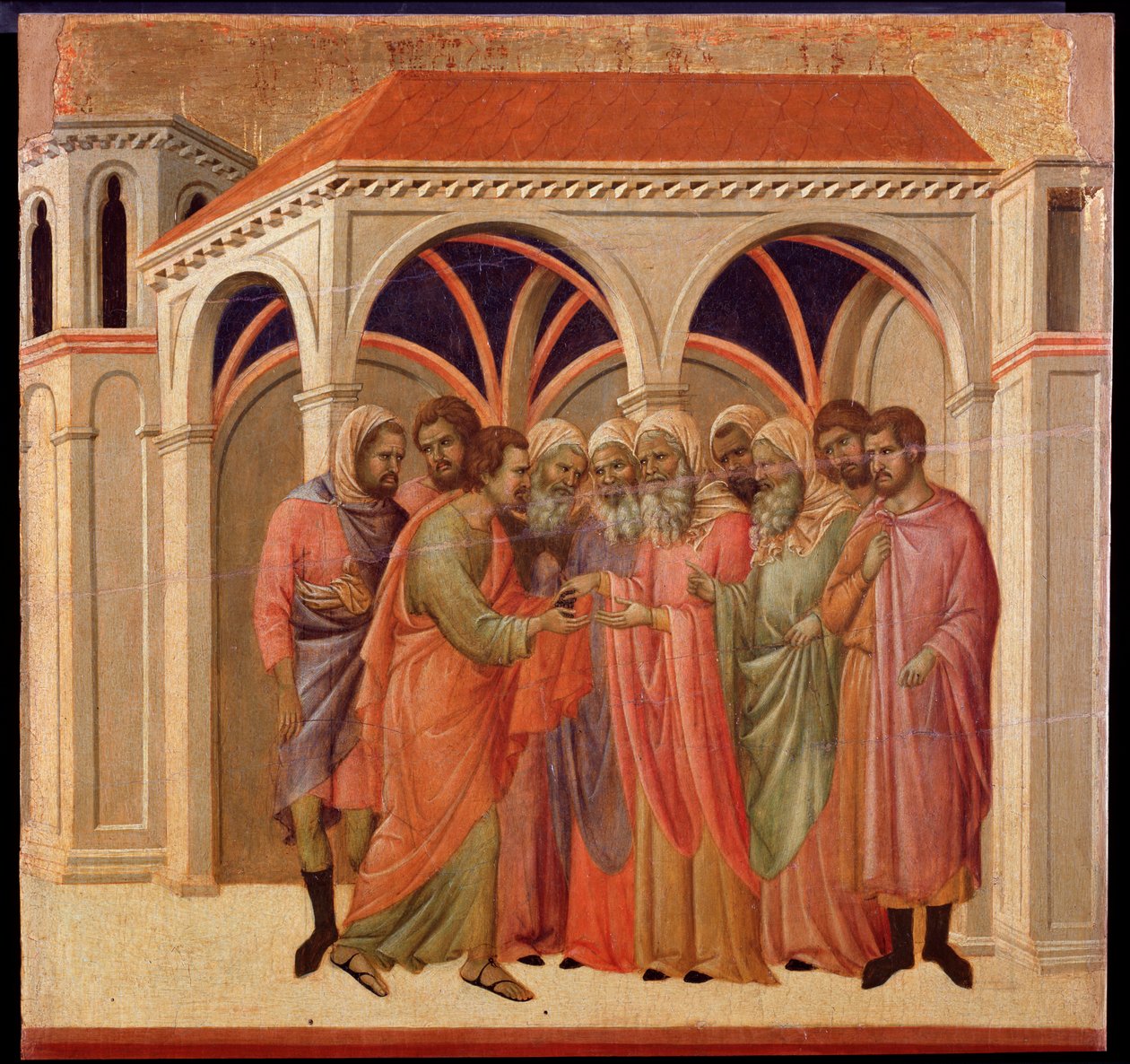 Zdrada Judasza. Ołtarz Maesta (tempera i złoto na drewnie) autorstwa Duccio di Buoninsegna
