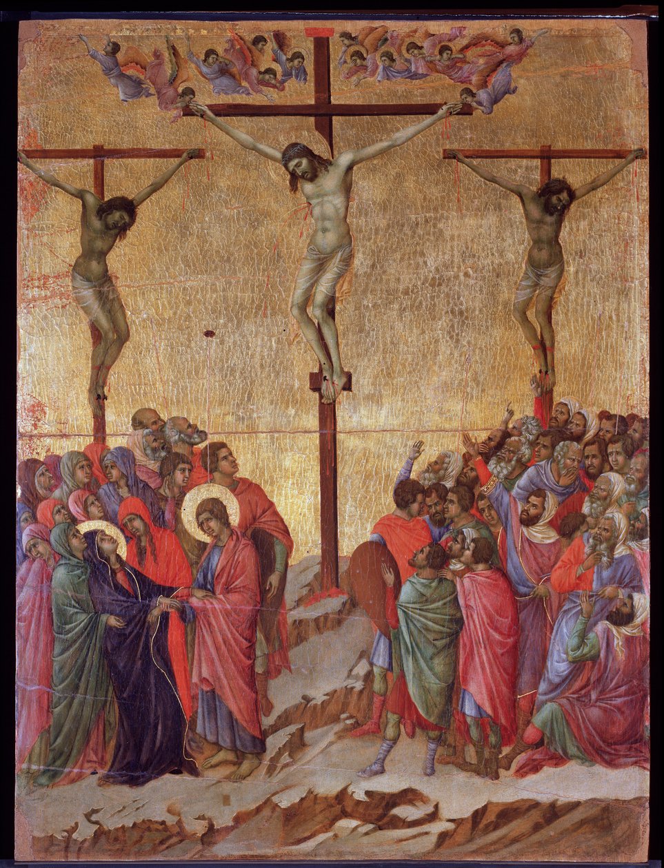 Ukrzyżowanie. Po bokach dobry złodziej (Dismas) i zatwardziały złodziej (Gestas). Ołtarz Maesta (tempera i złoto na drewnie) autorstwa Duccio di Buoninsegna