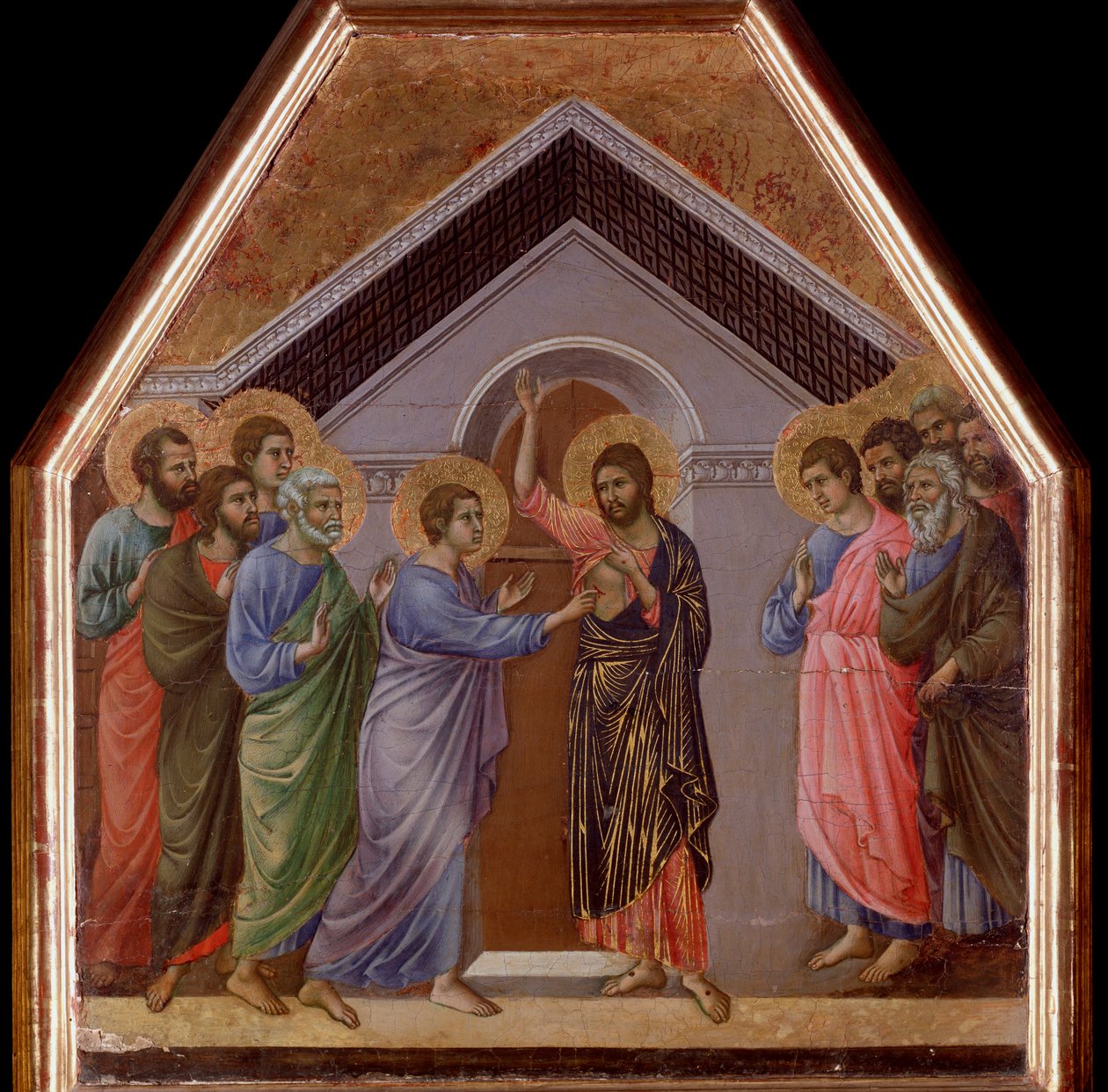 Niedowierzanie św. Tomasza. Ołtarz Maesta - (tempera i złoto na drewnie) autorstwa Duccio di Buoninsegna