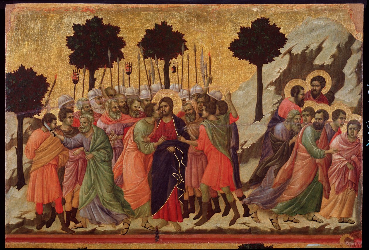 Pocałunek Judasza i pojmanie Jezusa. Ołtarz Maesta (tempera na drewnie) autorstwa Duccio di Buoninsegna