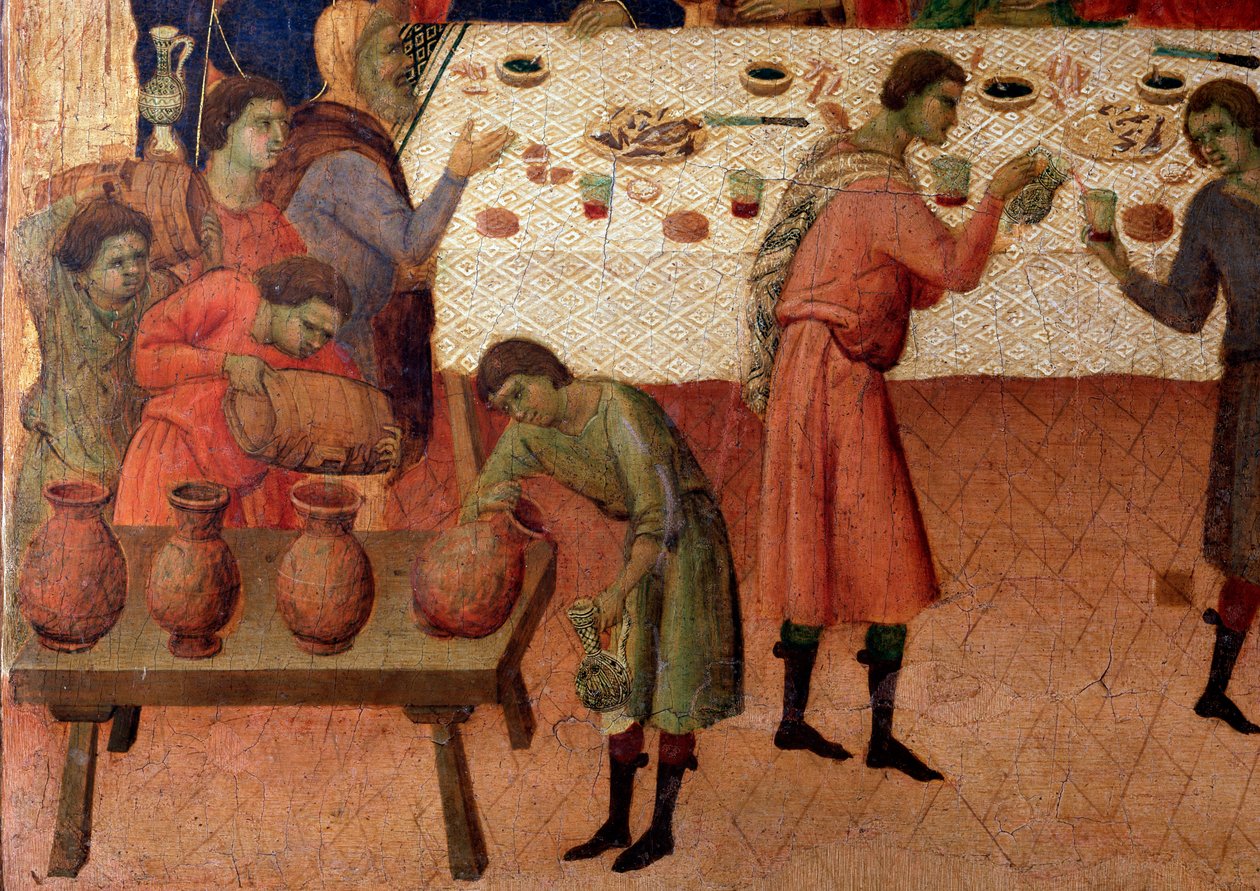 Ślub w Kanie. Detal, tył ołtarza (tempera i złoto na drewnie) autorstwa Duccio di Buoninsegna