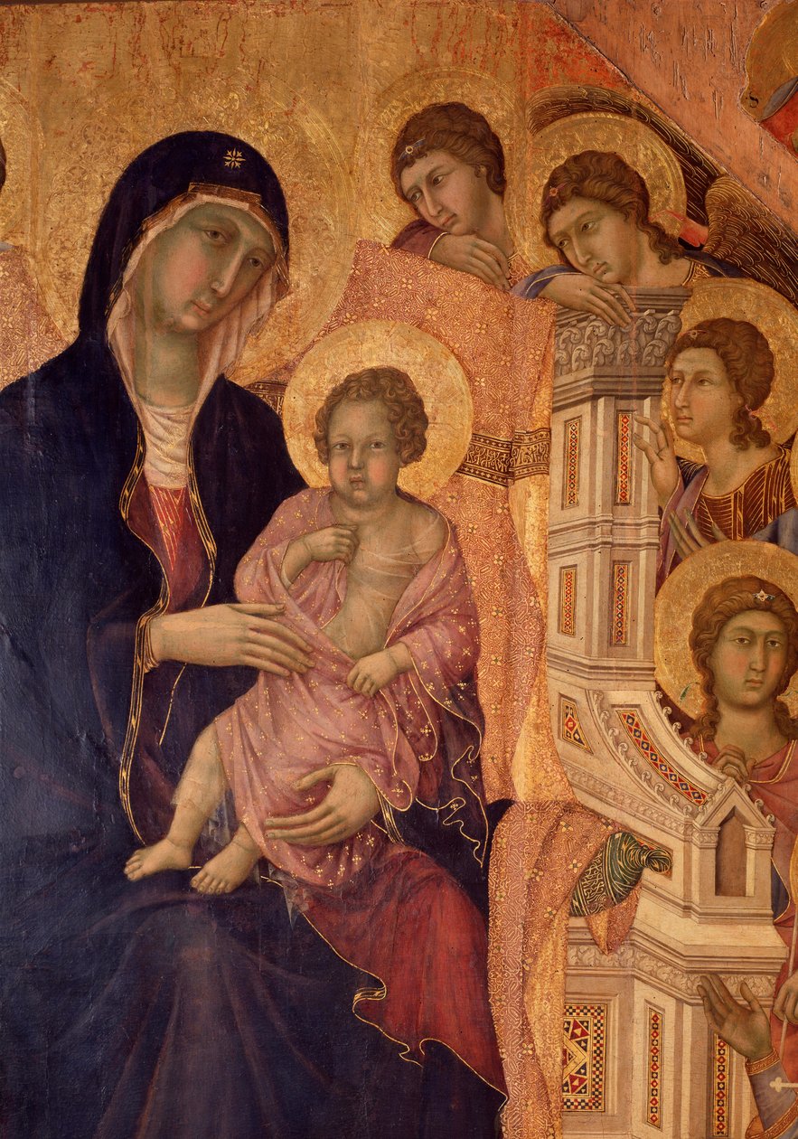 Dziewica z Dzieciątkiem na tronie (ołtarz La Maesta) (tempera i złoto na drewnie) autorstwa Duccio di Buoninsegna