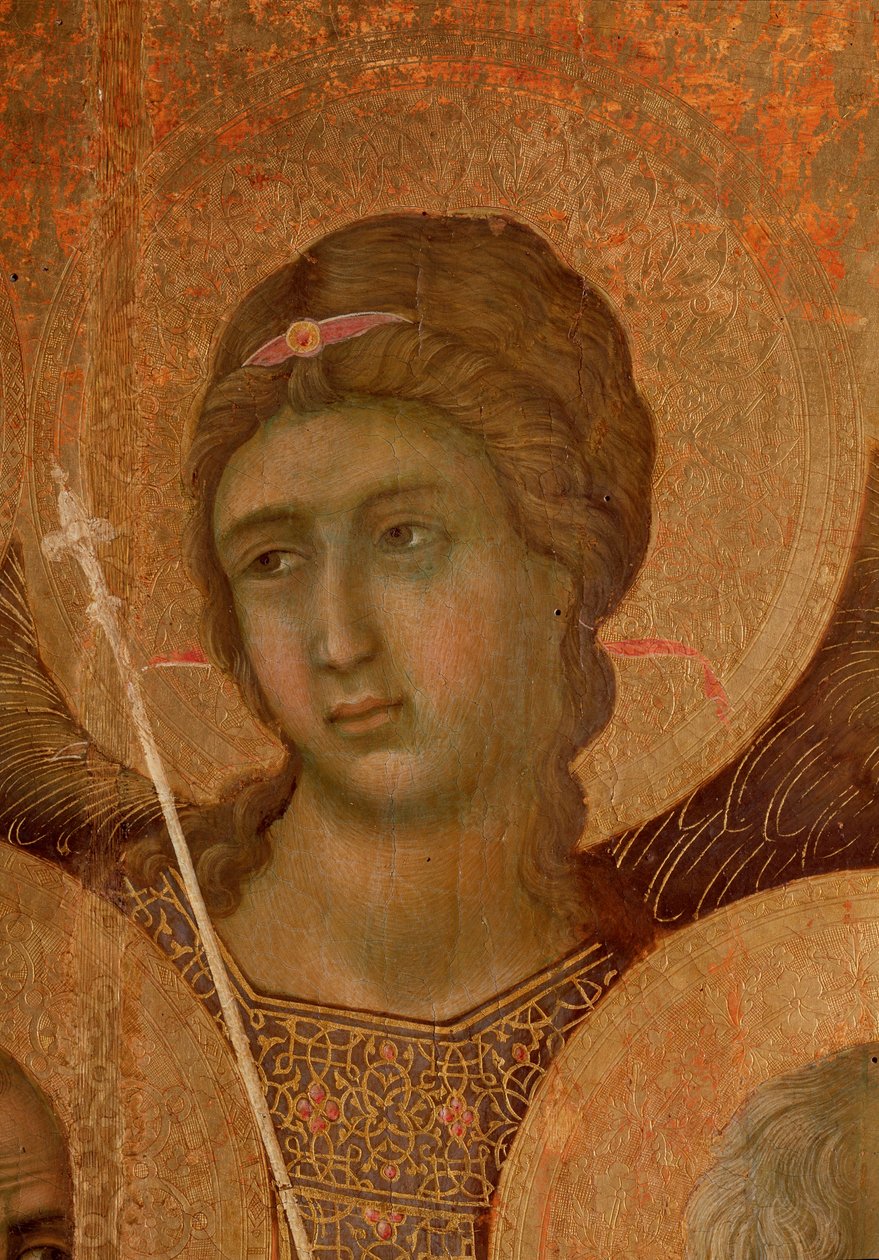 Dziewica i dziecko na tronie. Detal La Maesta (tempera i złoto na drewnie) autorstwa Duccio di Buoninsegna
