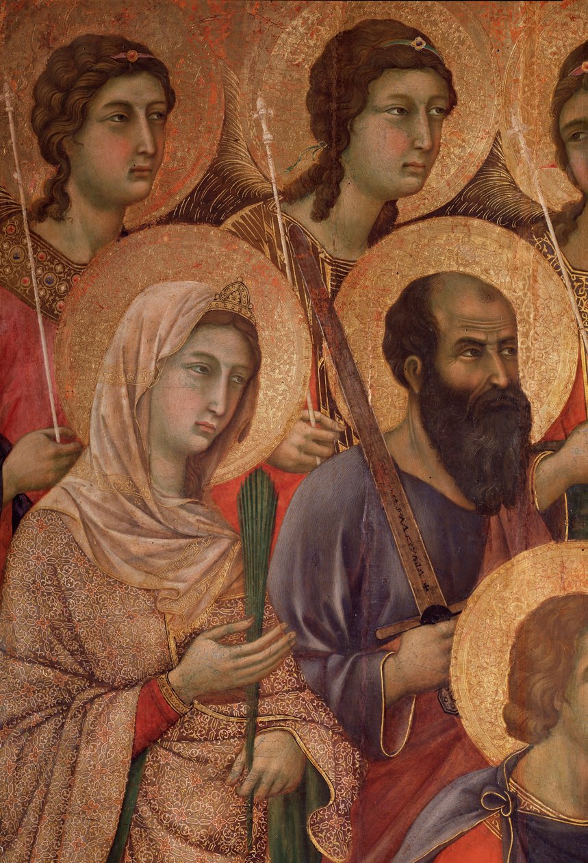 Dziewica z Dzieciątkiem na tronie, detal ze św. Katarzyną Aleksandryjską i św. Pawłem. (La Maesta) (tempera i złoto na drewnie) autorstwa Duccio di Buoninsegna