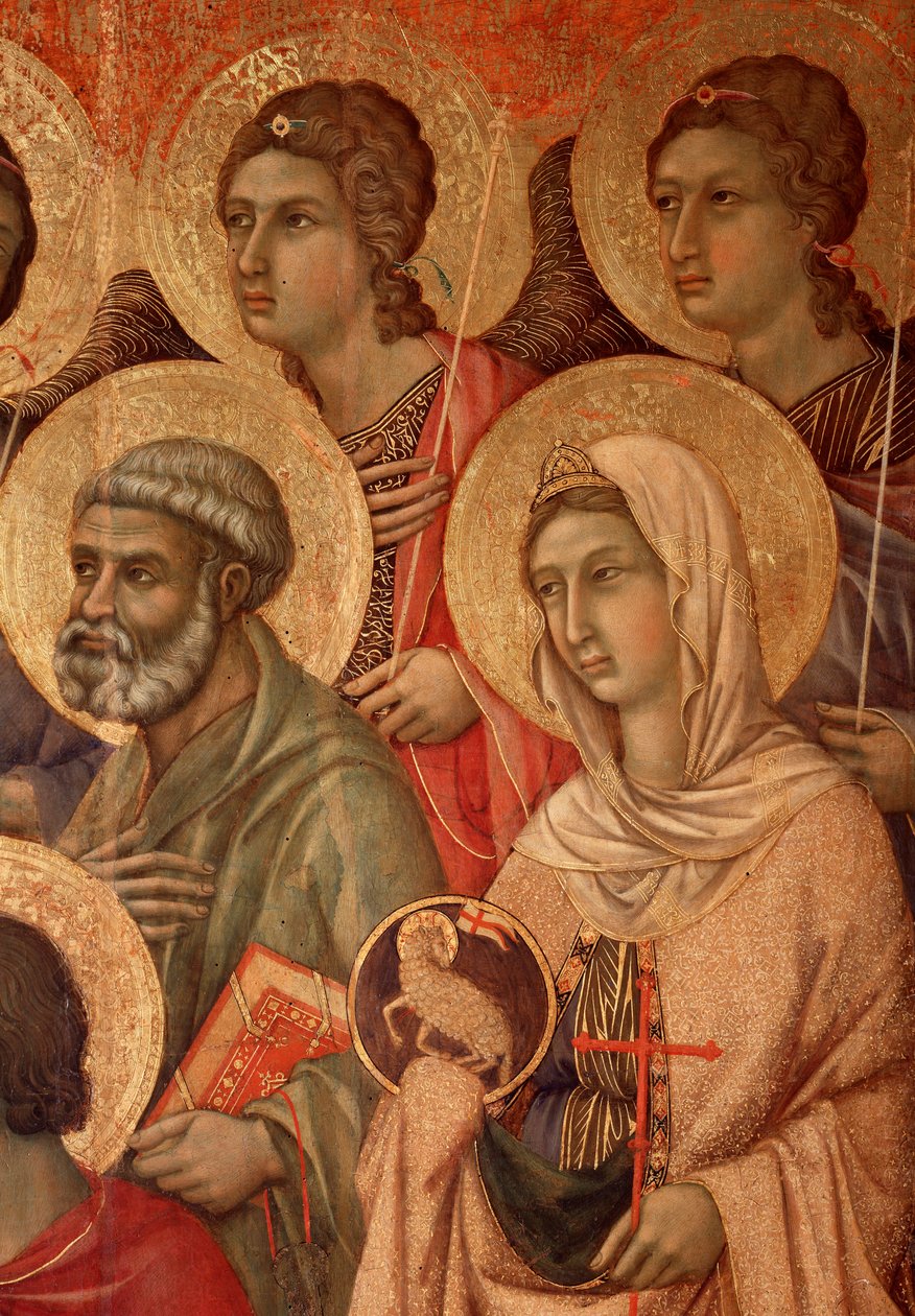 Dziewica z Dzieciątkiem na tronie, detal ze św. Piotrem i św. Agnieszką (La Maesta) (tempera i złoto na drewnie autorstwa Duccio di Buoninsegna