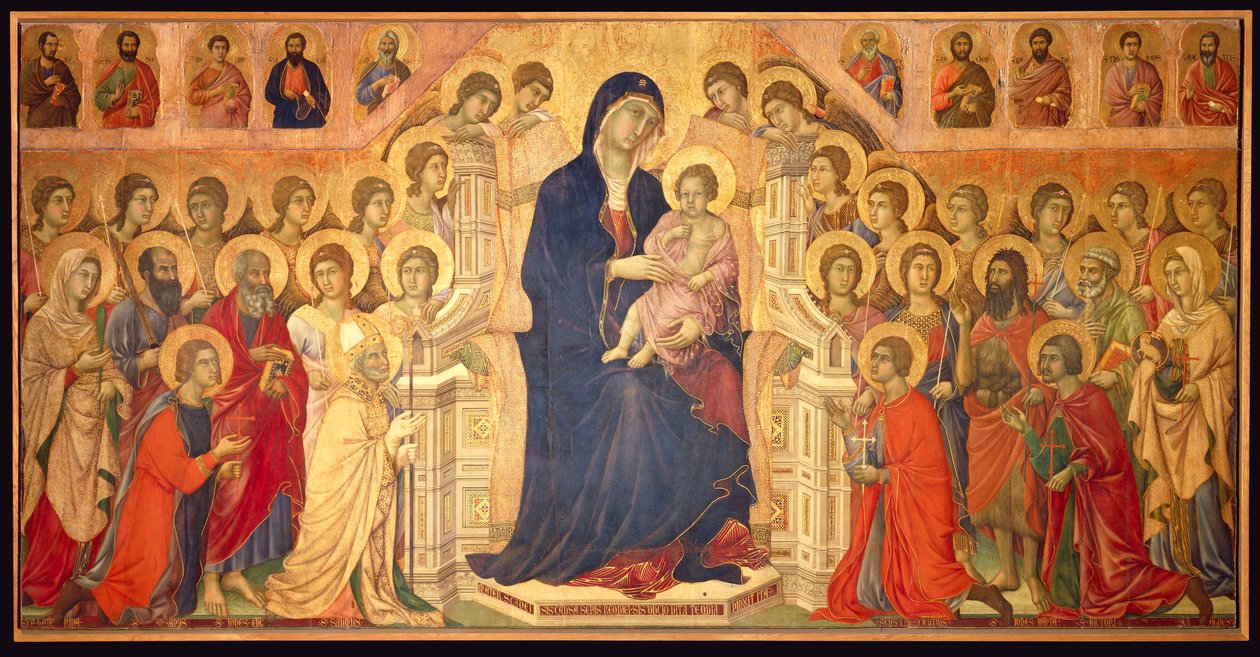 Dziewica na tronie z Dzieciątkiem, otoczona aniołami i świętymi, centralny panel Maesta autorstwa Duccio di Buoninsegna