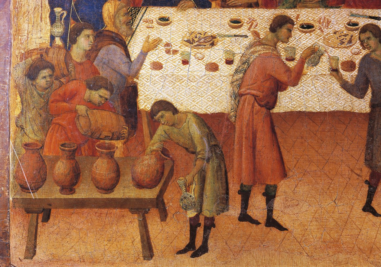 Ślub w Kanie, fragment kafelka z Epizody Męki i Zmartwychwstania Chrystusa, odwrócona powierzchnia ołtarza Maesty Duccio w katedrze w Sienie autorstwa Duccio di Buoninsegna