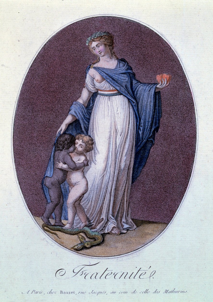 Rewolucja Francuska „”Fraternite”” Alegoria przeciwko niewoli Francji z całującymi się dziećmi w różnych kolorach. Ryciny R. Duchemina (XVIII lub XIX w.) Paryż, Musee Carnavalet autorstwa Duchemin Duchemin