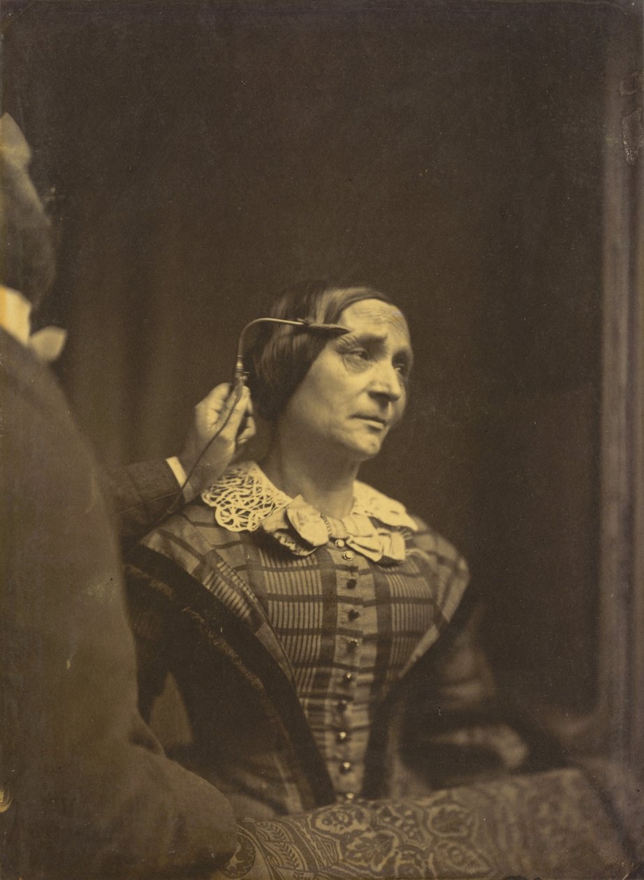 Uwaga, uważne spojrzenie w lewo, Bolesna uwaga w prawo, 1854-1856, druk 1862. autorstwa Duchenne de Boulogne