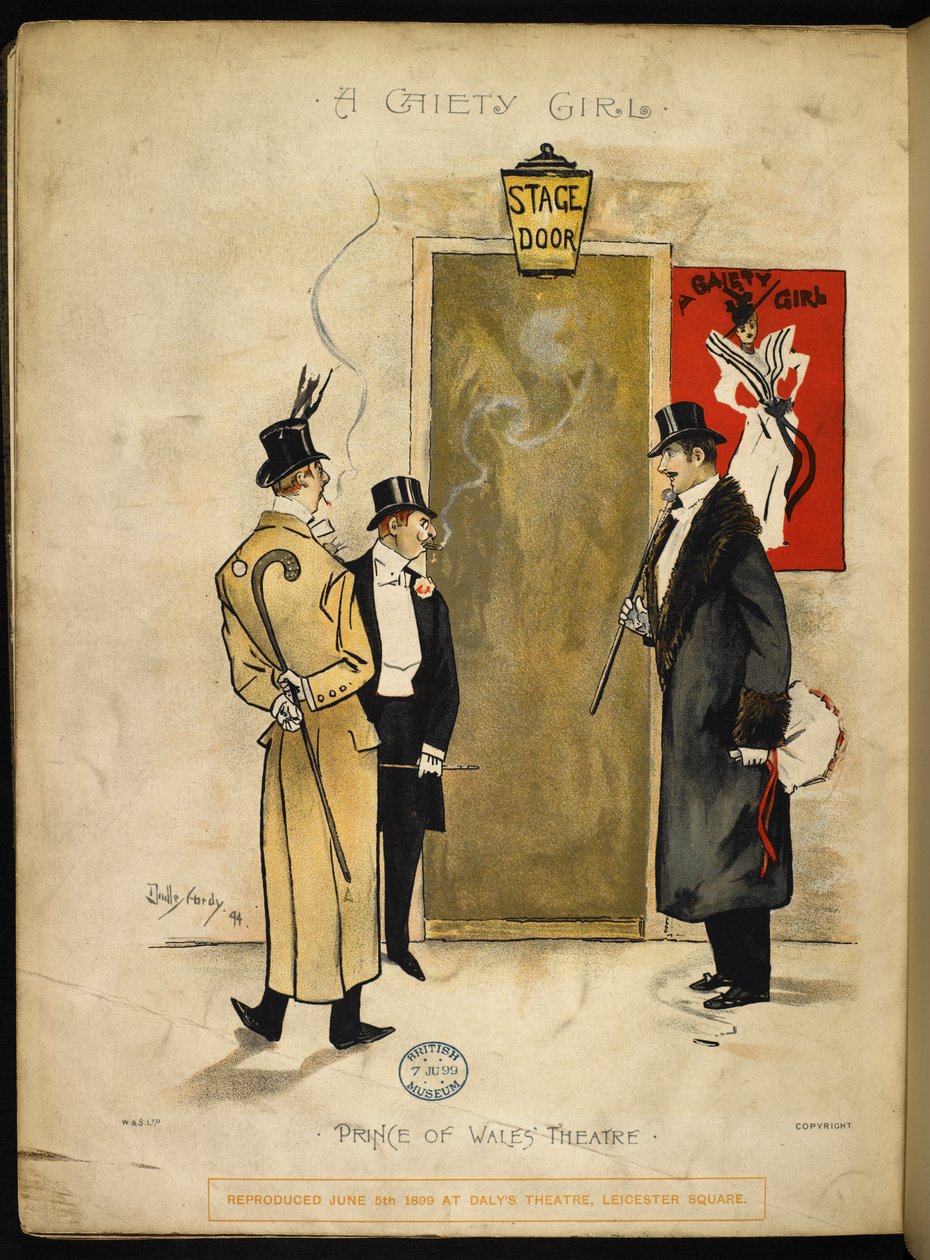 Trzech dżentelmenów czeka pod drzwiami sceny, aż wyjdą dziewczyny Gaiety. autorstwa Dudley Hardy