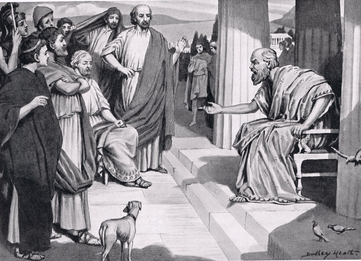 Sokrates przemawiający do Ateńczyków, ilustracja z Historii Narodów Hutchinsonów, 1915 autorstwa Dudley Heath