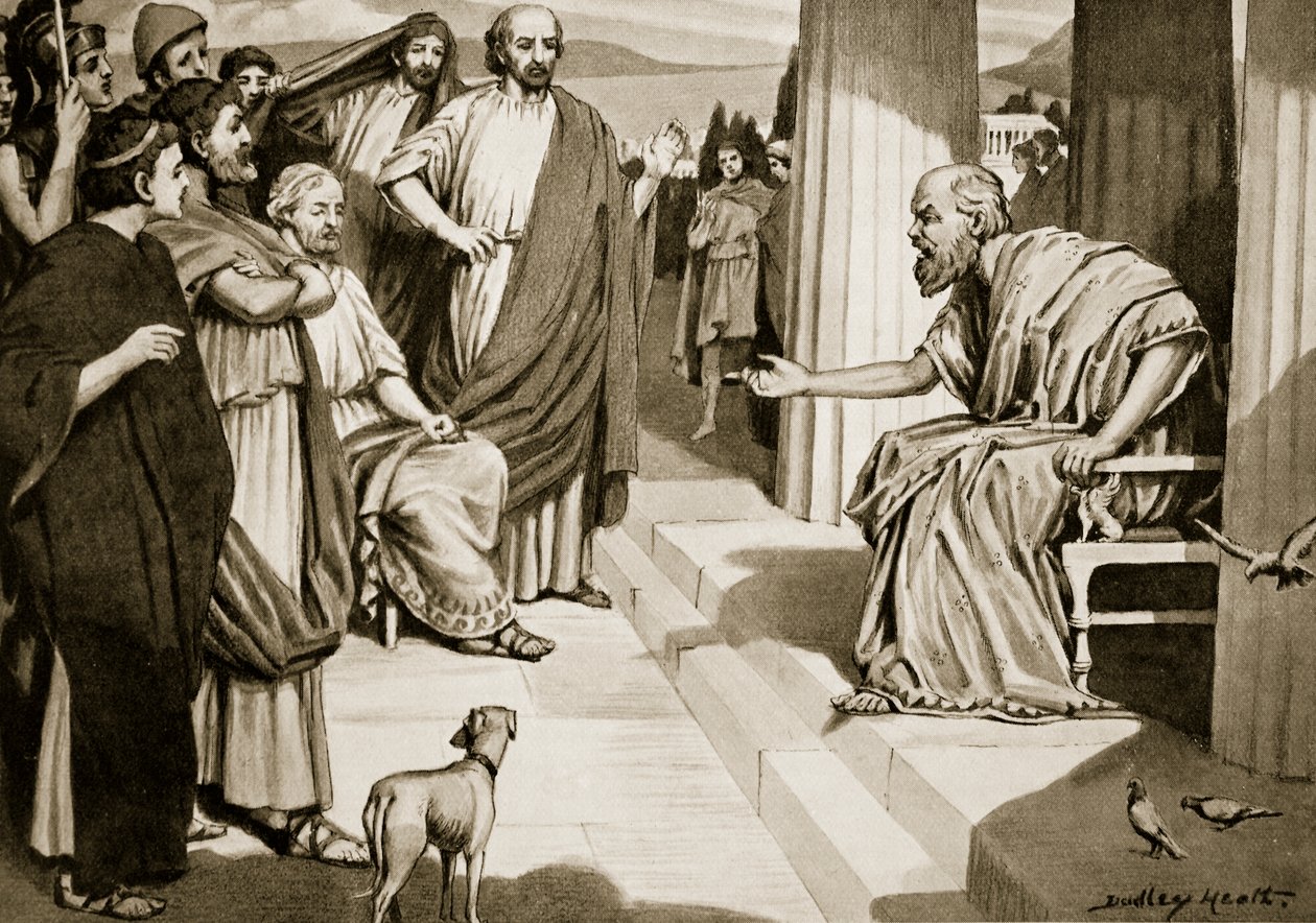 Sokrates przemawiający do Ateńczyków, ilustracja z „Historii Narodów Hutchinsona”, 1915 autorstwa Dudley Heath