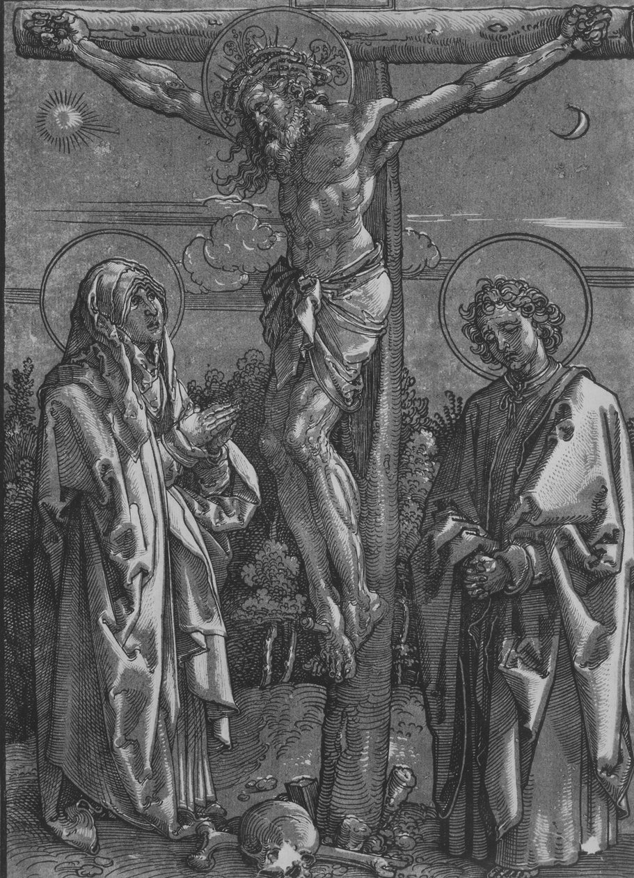 Chrystus na krzyżu z Dziewicą i św. Janem, 1500-1550. autorstwa Dürer School.