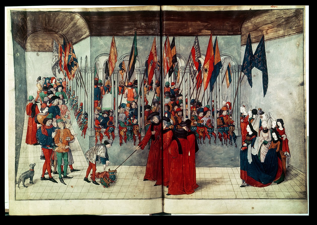 54998 bis Pani Fr. 2692 fol.47v-48r Przygotowania do turnieju, z traktatu autorstwa Duke of Anjou and King of Naples Rene or Renatus I
