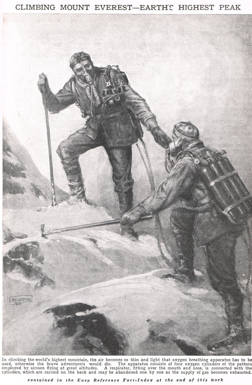 Wspinaczka na Mount Everest, ilustracja z Newnes Pictorial Book of Knowledge, ok. 1920 r. autorstwa Duncan McPherson