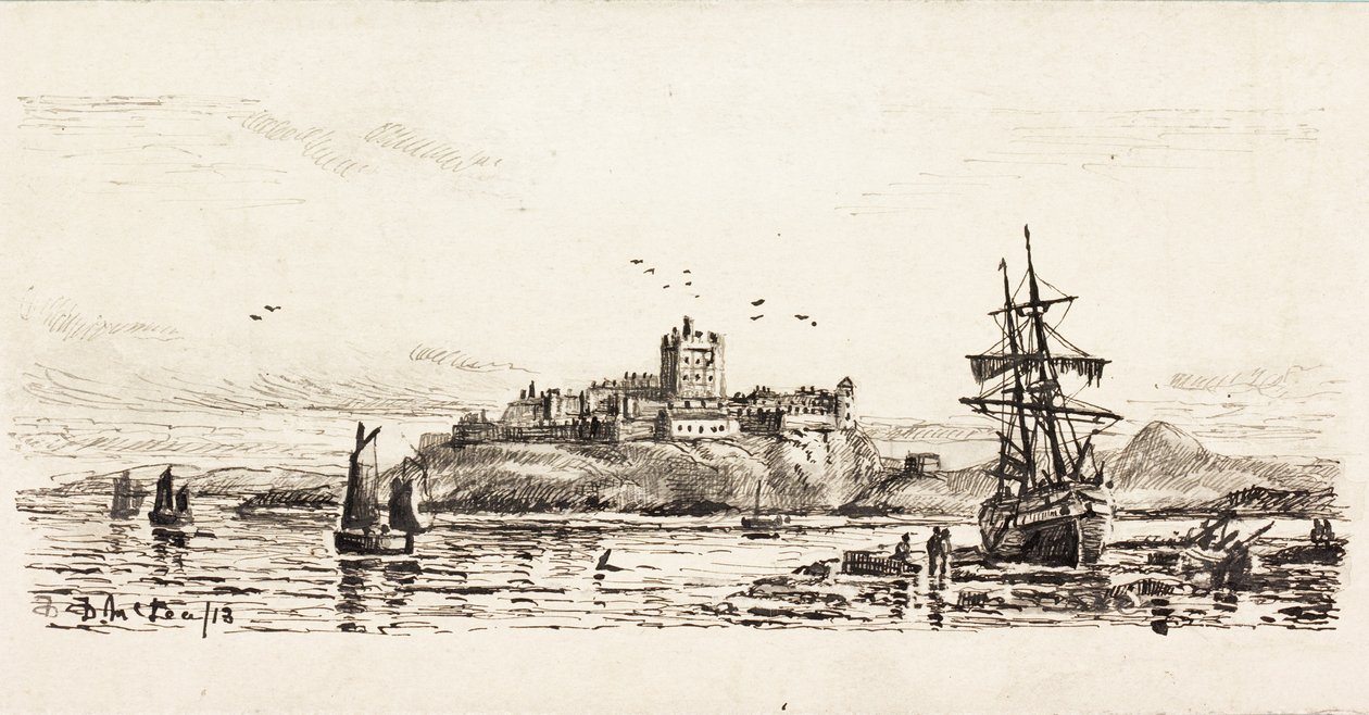Holenderski szkuner Stranded at Bamburgh (atrament na karcie) autorstwa Duncan F. McLea
