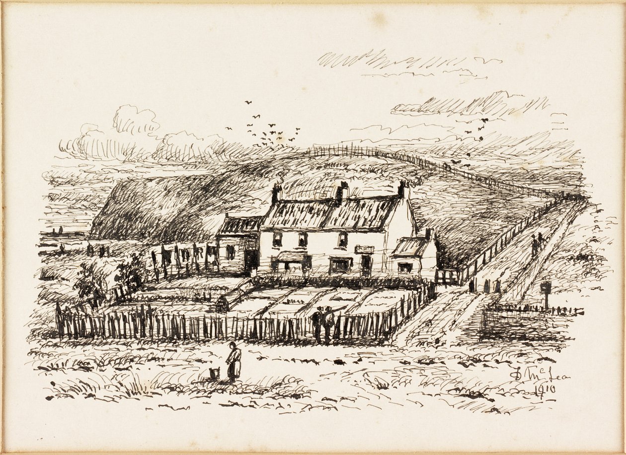 Wzgórze Wash House i Chata Betty Heron (tusz na papierze) autorstwa Duncan F. McLea