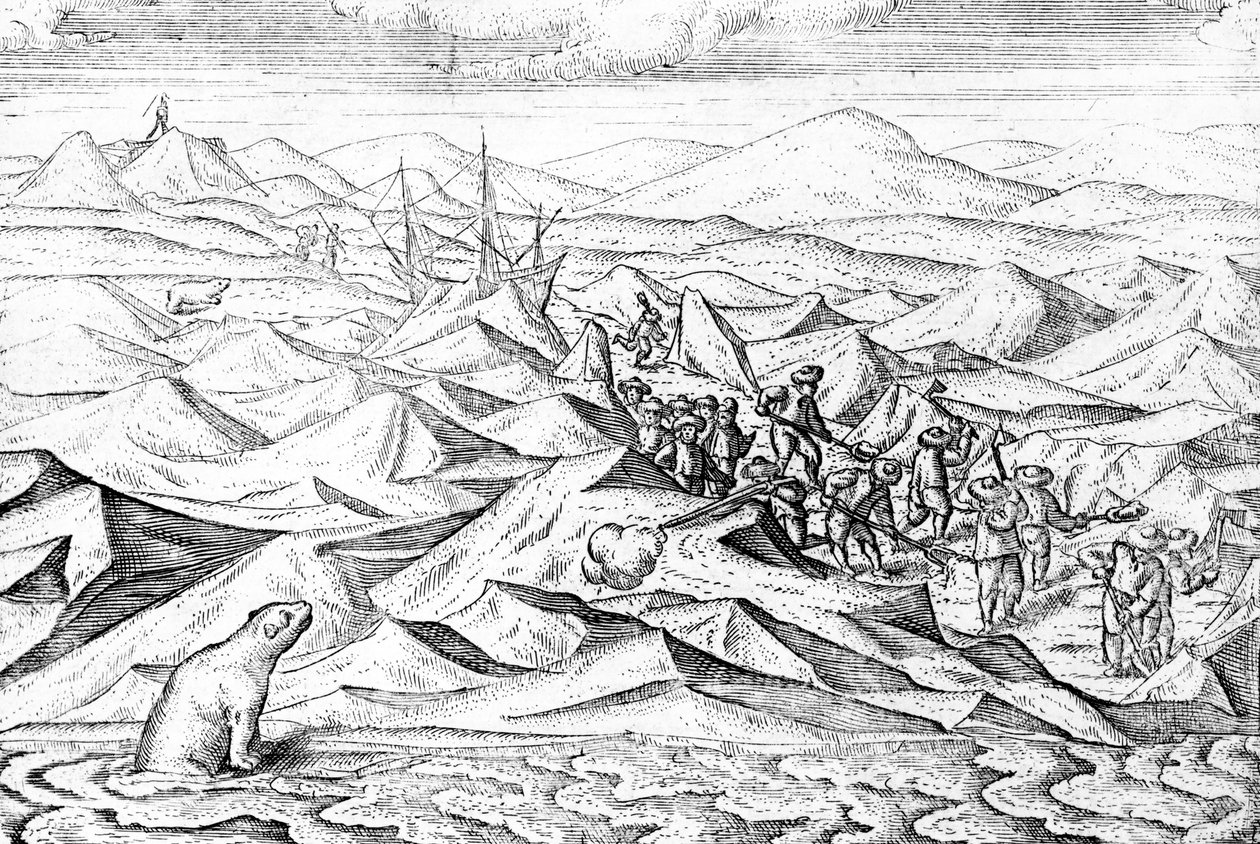 Oczyszczanie ścieżki dla statku związanego z lodem, ilustracja z „Trzech podróży Williama Barentsa do regionów arktycznych”, opublikowana ok. 1600 r. autorstwa Dutch School