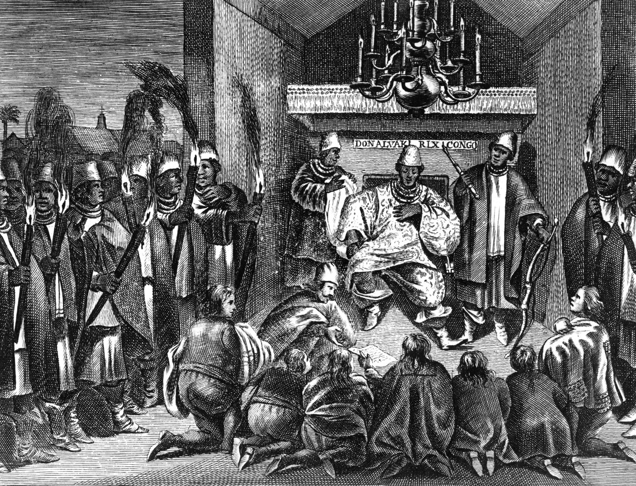 Król Allvaro I Kongo przyjmujący holenderskich ambasadorów, ilustracja z „Opisu Afryki” Olferta Dappera, opublikowanej w 1668 r. autorstwa Dutch School