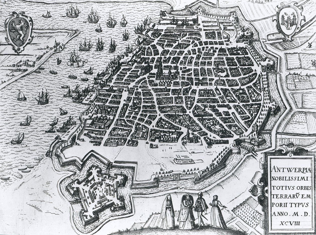 Mapa Antwerpii, 1598 autorstwa Dutch School