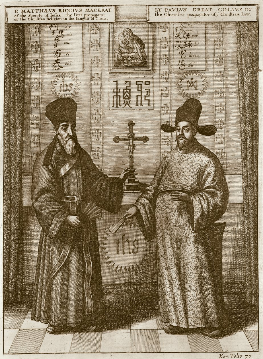 Matteo Ricci (1552-1610) i Paulus Li, z „China Illustrated” Athanasius Kircher (1601-80) 1667 autorstwa Dutch School